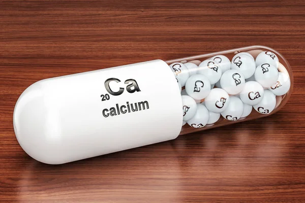 Cápsula com elemento Ca de Cálcio na mesa de madeira. Renderização 3D — Fotografia de Stock
