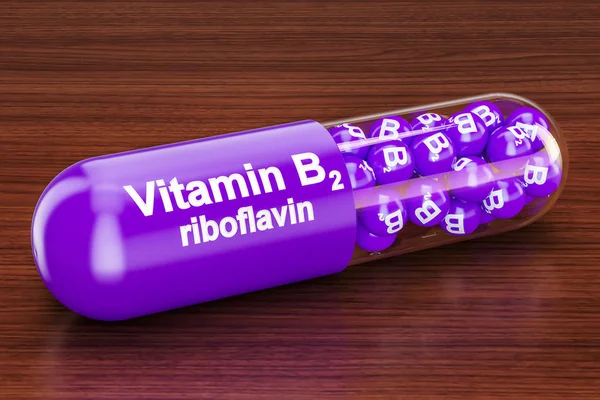 Vitamina capsula B2 pe masa de lemn. Redare 3D — Fotografie, imagine de stoc