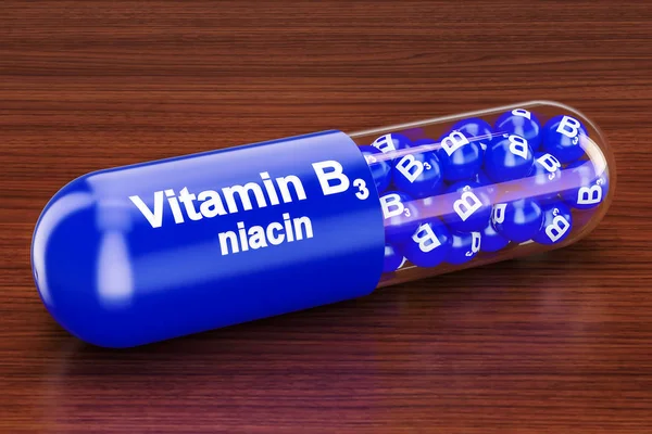Κάψουλα βιταμίνης B3 στο ξύλινο τραπέζι. 3D rendering — Φωτογραφία Αρχείου