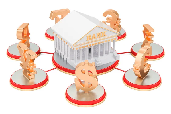 Концепція банківського обслуговування, валютні символи навколо банку. 3D візуалізація — стокове фото