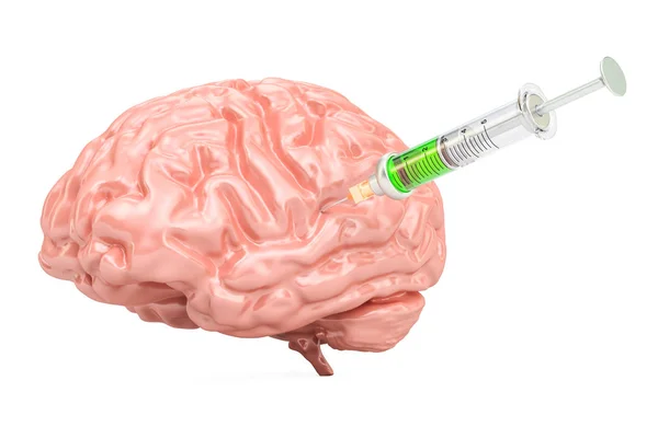 Cervello umano con siringa, rendering 3D — Foto Stock