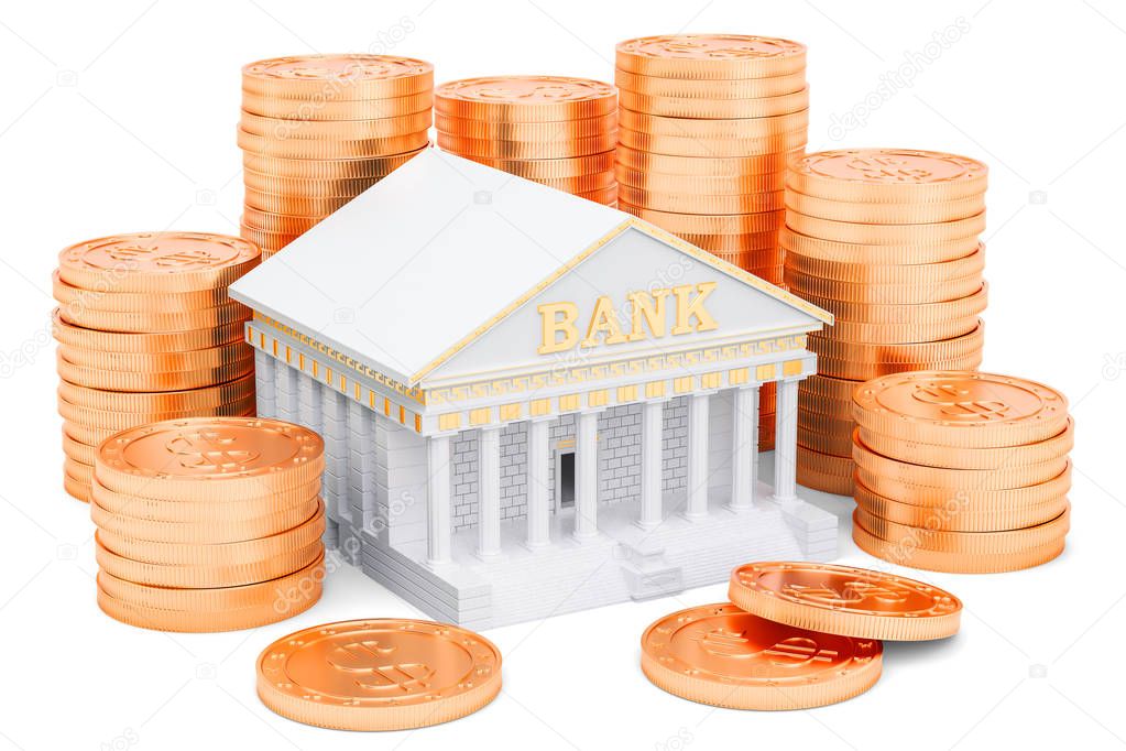 Banking service concept, golden coins around bank. 3D rendering
