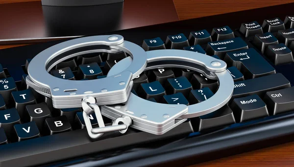 Комп'ютерна клавіатура з наручниками. 3D візуалізація — стокове фото