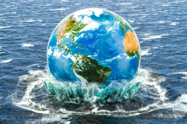 Globo de Tierra en el agua. Guardar el concepto del mundo, 3D renderizado — Foto de Stock