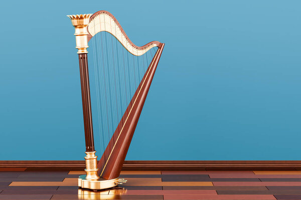 Harp on the wooden floor in the room, 3D rendering 