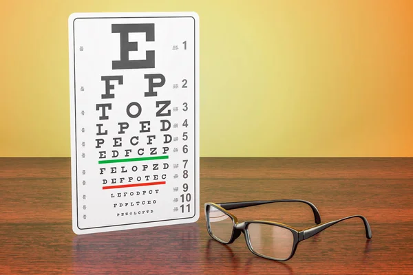 Eye Chart and Glasses on the wooden table. 3D rendering — Stock Photo, Image