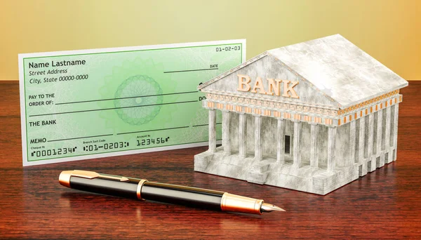 Банківська система, чек з фонтановою ручкою. 3D візуалізація — стокове фото