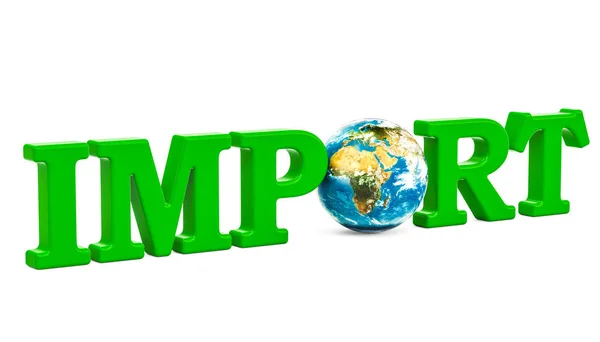 Global import concept, green inscription with Earth Globe. 3D re — Stock Photo, Image
