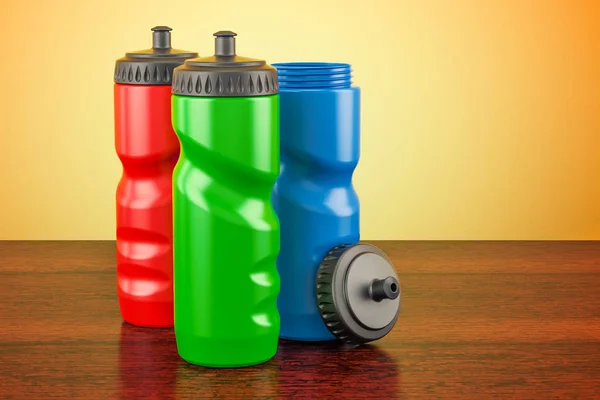 Plastic sport water bottles on the wooden table. 3D rendering — Stock Photo, Image