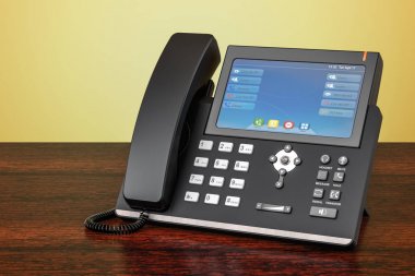 Ahşap masa modern IP telefonu. 3D render 