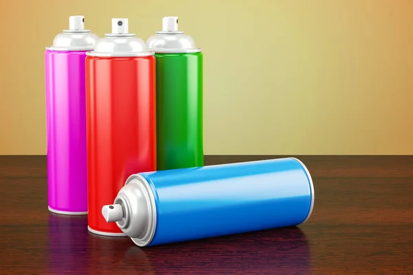 Spray paint cans on the wooden table. 3D rendering — Stock Photo, Image