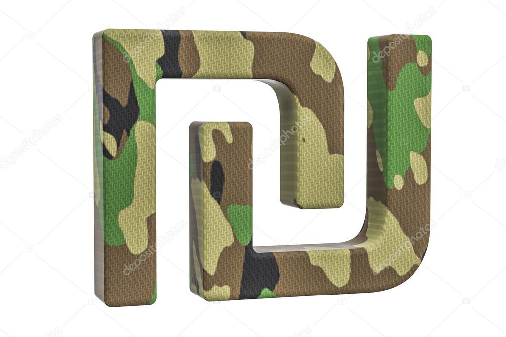 Camouflage army shekel symbol, 3D rendering 