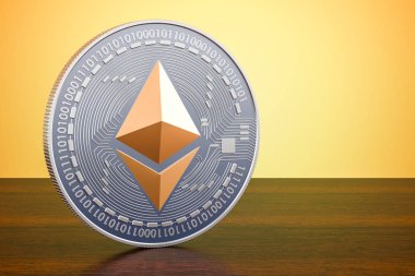 Ethereum sikke ahşap masa üzerinde. 3D render 