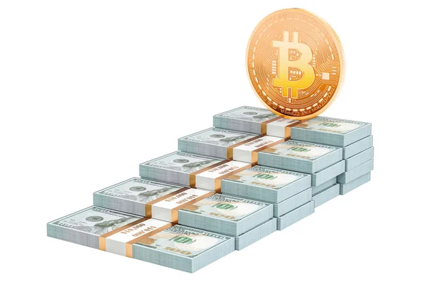 Trap van dollar packs met bitcoin, 3D-rendering — Stockfoto