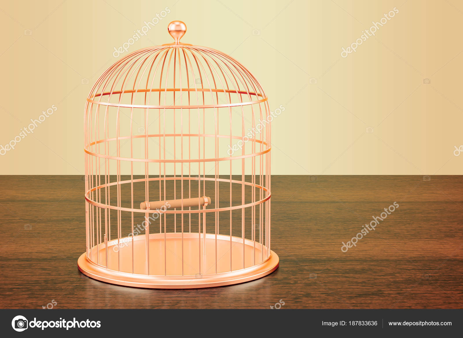 Cage à Oiseaux Dorée Sur La Table En Bois Rendu 3d