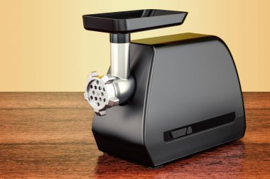 Ahşap masa üzerinde elektrik kıyma makinesi. 3D render