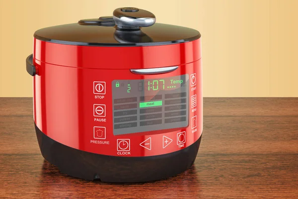 Red Automatic Multicooker on the wooden table. 3D rendering — Stock Photo, Image