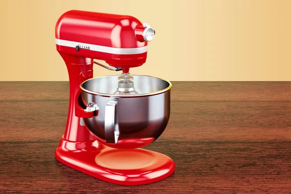Pencampur dapur berdiri merah di atas meja kayu. Perender 3D — Stok Foto