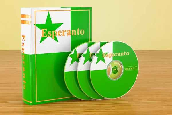 Livros didáticos de língua esperanto e discos de CD na mesa de madeira. 3D — Fotografia de Stock