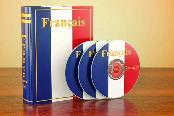 Livro francês com bandeira da França e discos de CD na mesa de madeira — Fotografia de Stock