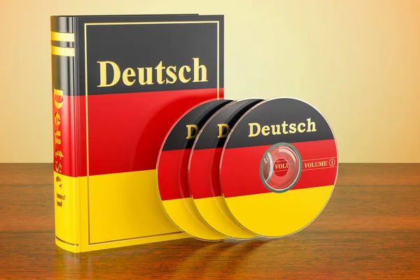 Deutsches Buch mit Deutschlandfahne und CD-Scheiben auf dem Holztisch — Stockfoto