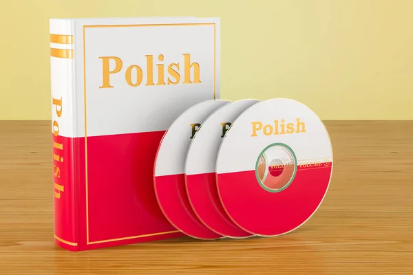 Lehrbuch in polnischer Sprache mit polnischer Flagge und CD-Discs auf der — Stockfoto