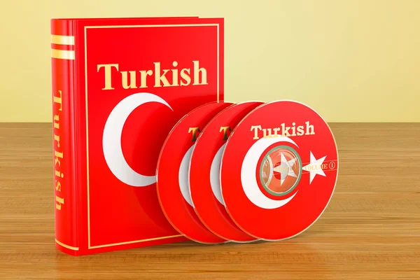 Turkish language textbook with flag of Turkey and CD discs on th