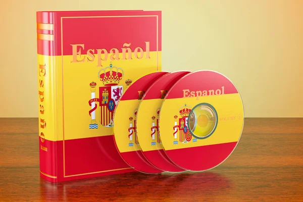西班牙书与西班牙国旗和 Cd 盘在木桌上 — 图库照片