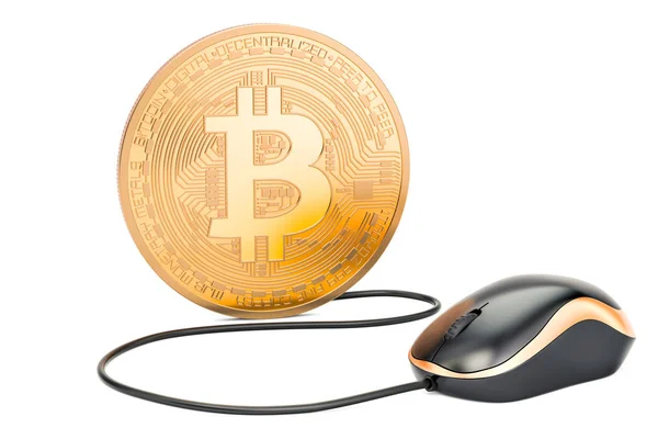 Bitcoin with computer mouse. Mining concept, 3D illustration — Stock Photo, Image