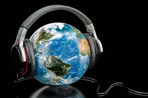 Erdkugel mit drahtlosen Kopfhörern, Weltmusik-Konzept. 3d re — Stockfoto