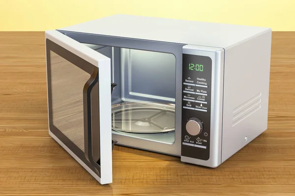 Microwave on the wooden table. 3D rendering — Stock Photo, Image