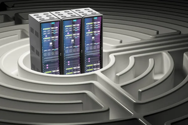 Estantes del servidor de la computadora dentro del laberinto laberinto, representación 3D —  Fotos de Stock