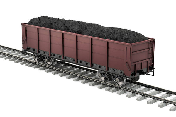 Goods wagon on the railway with coal, 3D rendering