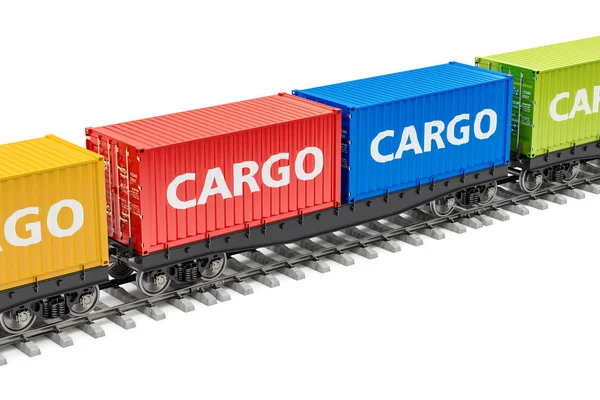 Treno merci con container da carico, rendering 3D — Foto Stock