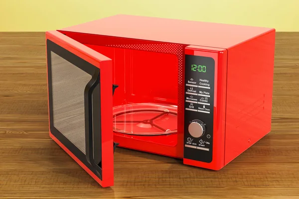 Red microwave on the wooden table. 3D rendering — Stock Photo, Image