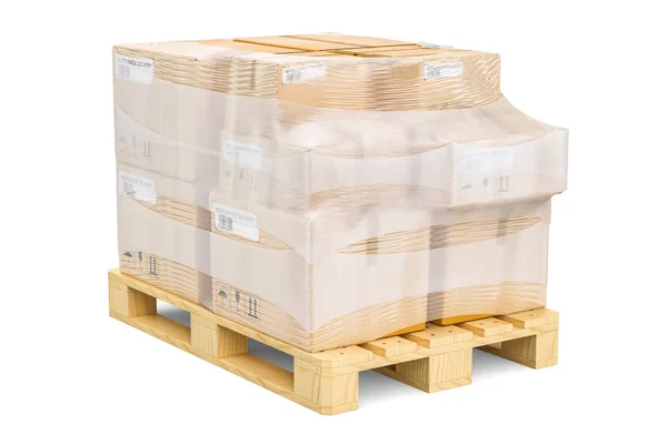 Wooden pallet with parcels wrapped in the stretch film, 3D rende — Stock Photo, Image