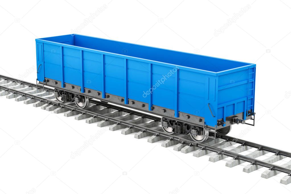 Blue empty freight wagon on the railway, 3D rendering