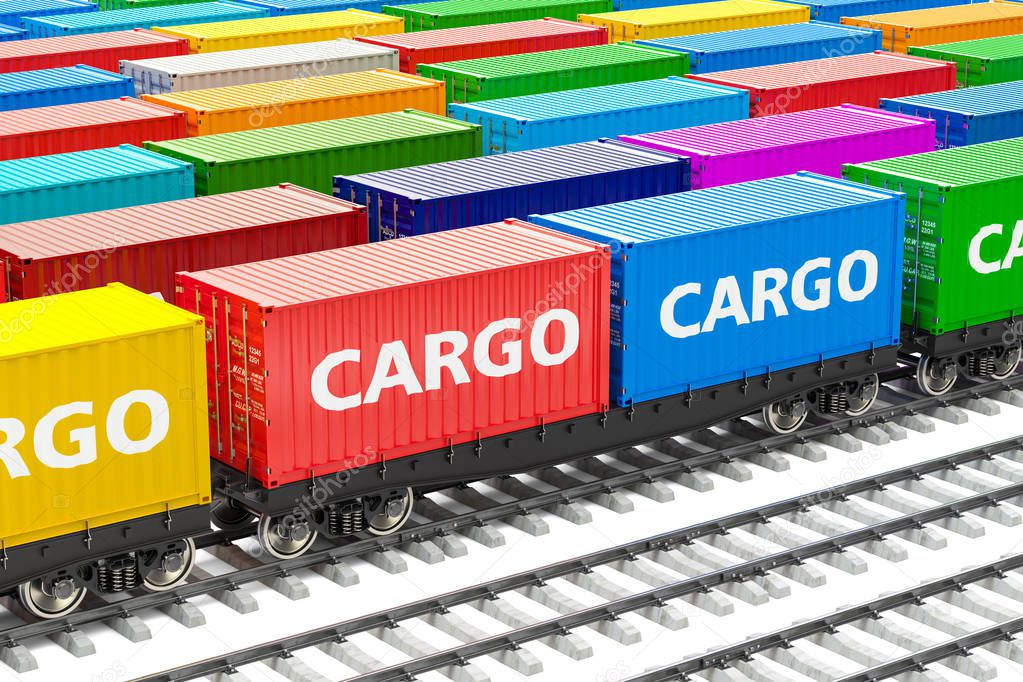 Freight trains station with cargo containers, 3D rendering