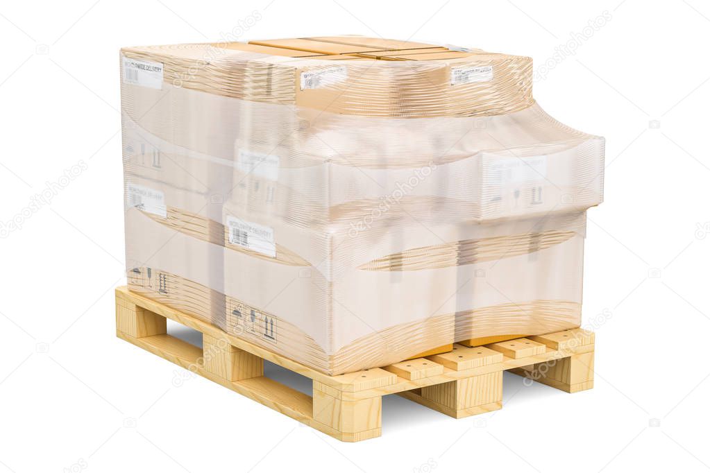 Wooden pallet with parcels wrapped in the stretch film, 3D ...