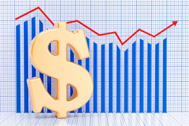 Grafik büyüyen ile dolar simgesi. 3D render