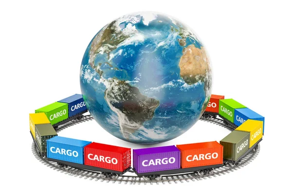 Dostawy ładunków towarów koleją na świecie, renderowania 3d — Zdjęcie stockowe