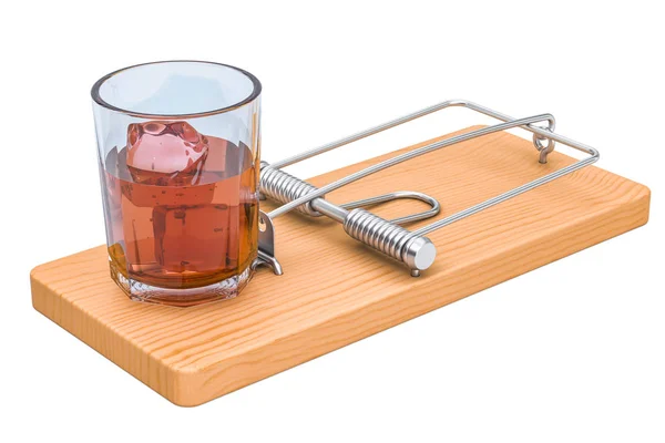 Alkohol fälla koncept. Glas med alkohol dryck i mousetr — Stockfoto