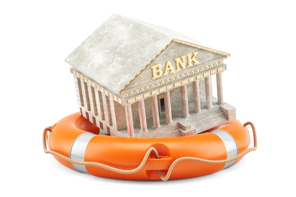 Lifebuoy with bank building, financial protect and security conc — Stock Photo, Image