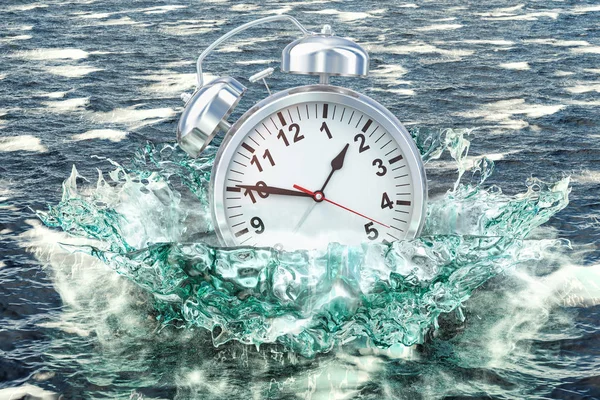 Reloj despertador ahogándose en el mar, representación 3D —  Fotos de Stock