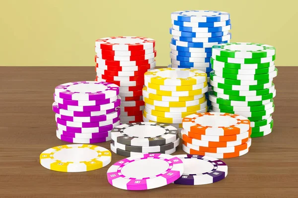 Casino tokeny na dřevěný stůl. 3D vykreslování — Stock fotografie