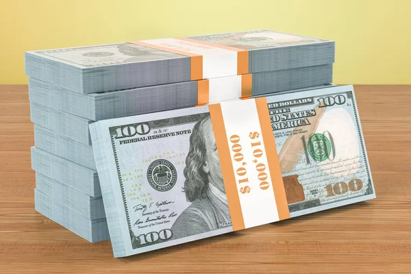 Δολάριο πακέτα πάνω στο ξύλινο τραπέζι. 3D rendering — Φωτογραφία Αρχείου