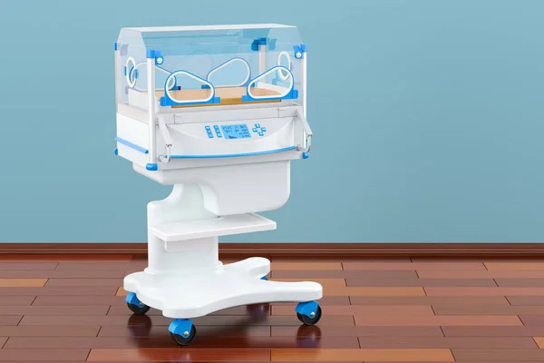 Inkubator dla niemowląt w pokoju na podłodze drewnianej, renderowania 3d — Zdjęcie stockowe