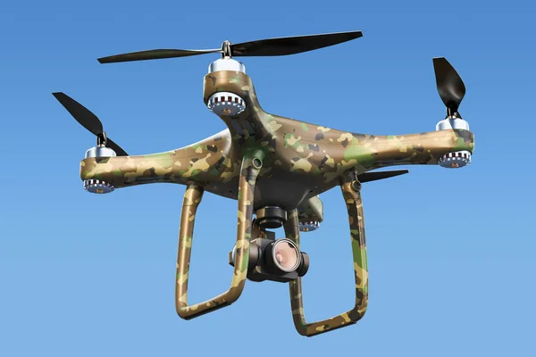 Vojenskými DRONY na modré obloze, vykreslování 3d objektů — Stock fotografie