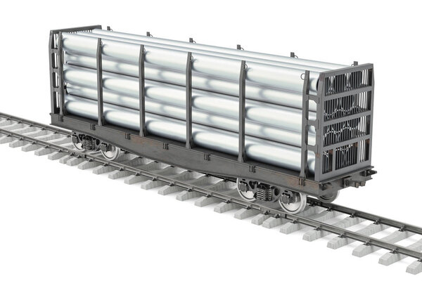 Railroad car with metal pipes, 3D rendering