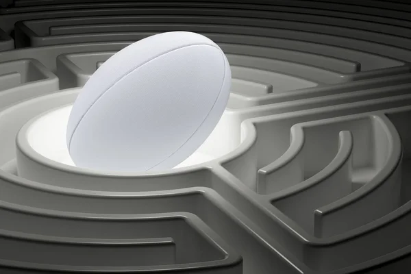 Rugby míč uvnitř labyrint bludiště. 3D vykreslování — Stock fotografie